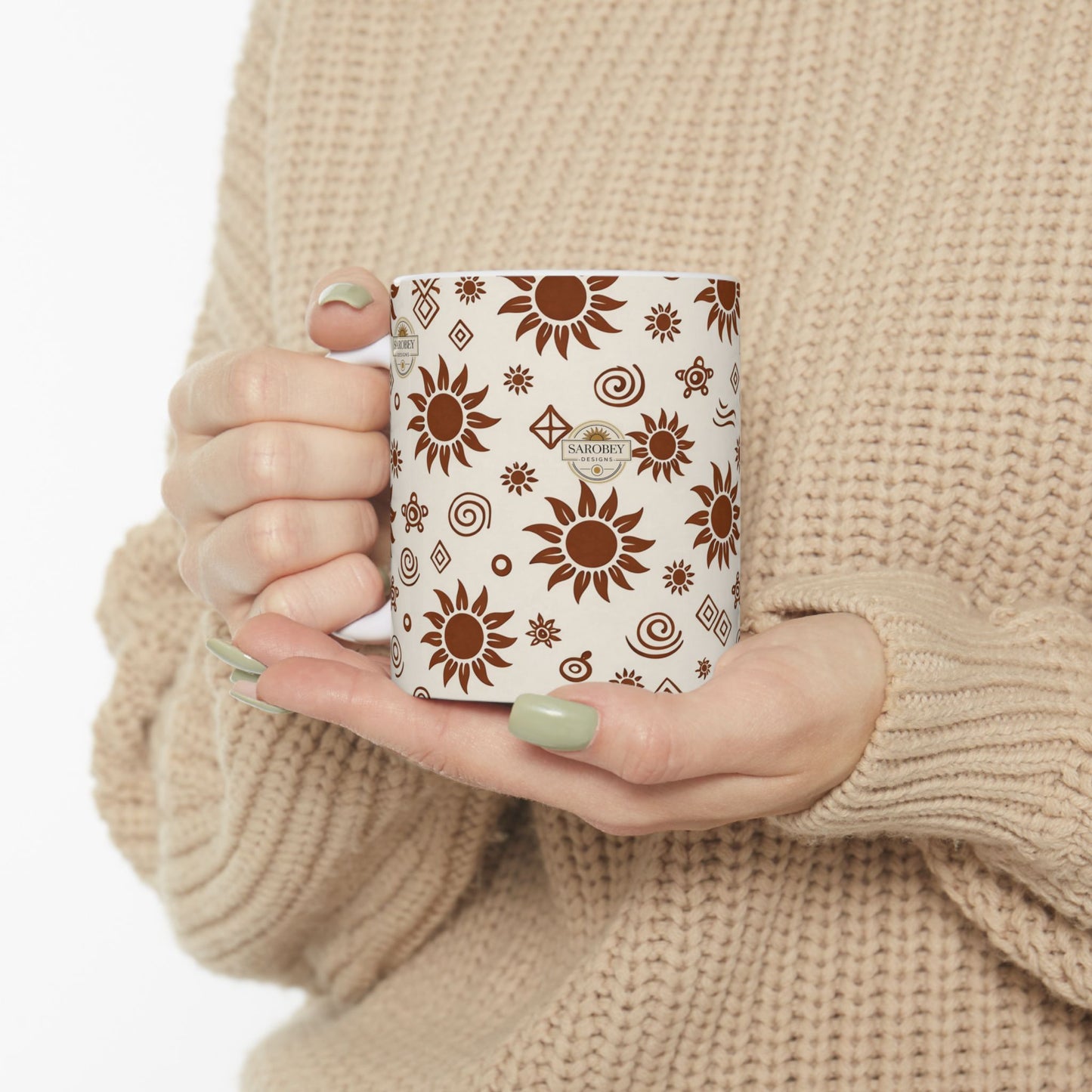Sarobey Sun Pattern Ceramic Mug (11oz) — Retro Brown Floral Coffee Cup
