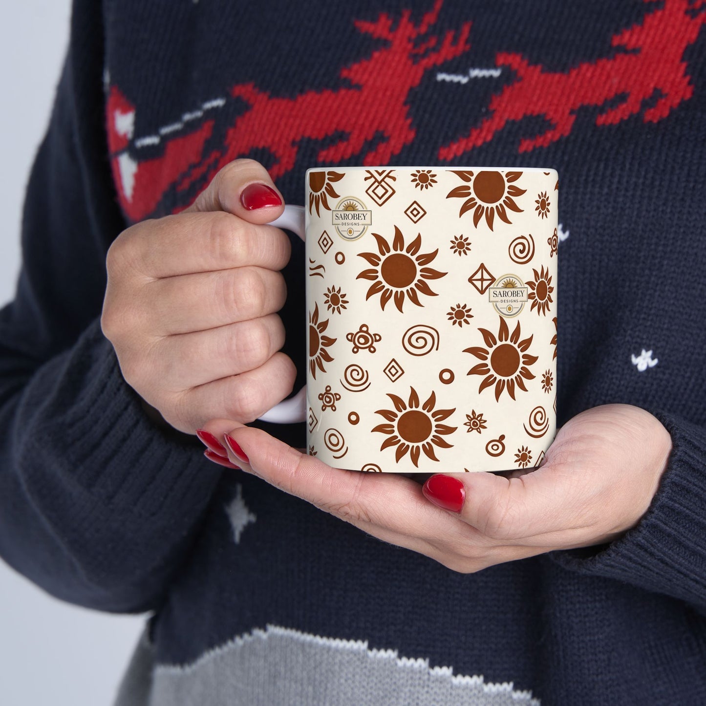 Sarobey Sun Pattern Ceramic Mug (11oz) — Retro Brown Floral Coffee Cup