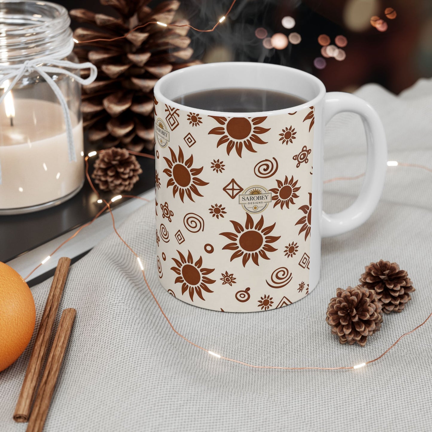 Sarobey Sun Pattern Ceramic Mug (11oz) — Retro Brown Floral Coffee Cup