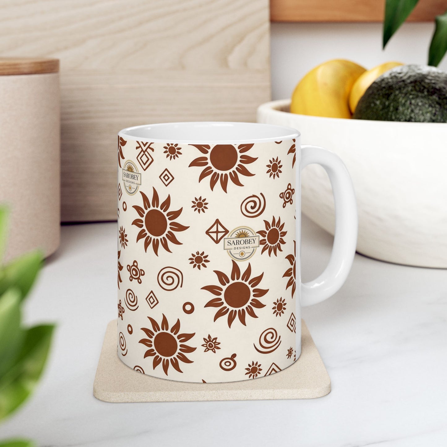 Sarobey Sun Pattern Ceramic Mug (11oz) — Retro Brown Floral Coffee Cup