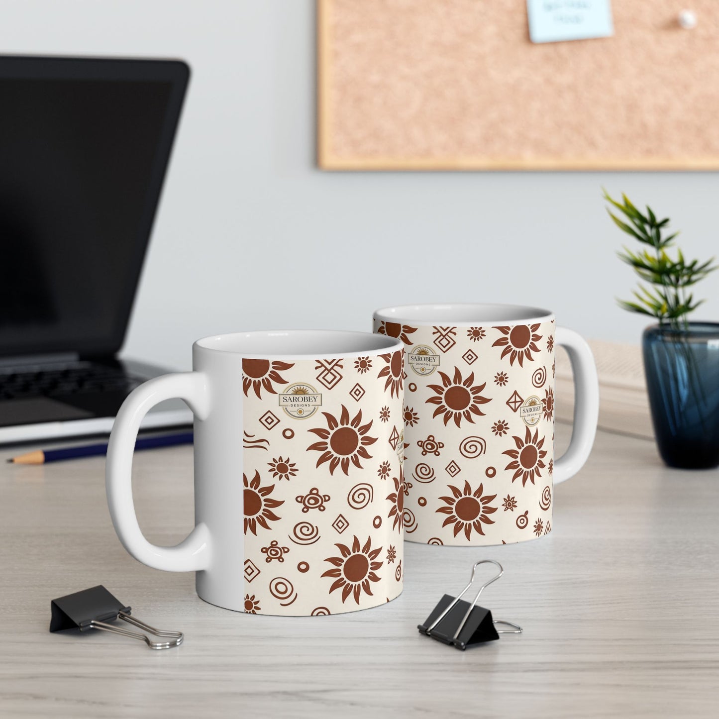 Sarobey Sun Pattern Ceramic Mug (11oz) — Retro Brown Floral Coffee Cup